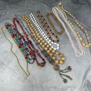 Lot 10 Vintage Jewelry Costume Necklaces Beads Chunky Hippie Eclectic Gold Tone